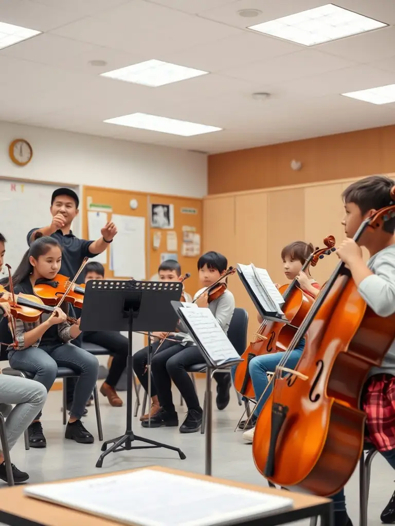 An image of a musician instructing a group of young students during a master class, with attentive participants and musical instruments, highlighting the educational aspect of QUATUOR 4444.