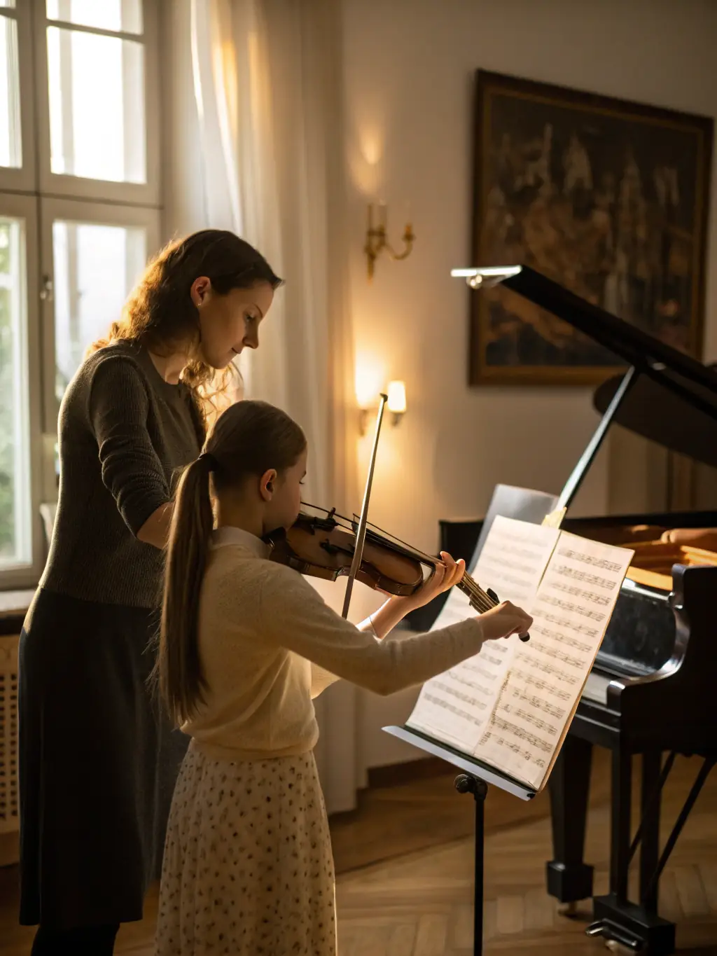 A photo of a master class session led by a member of QUATUOR 4444, showing them instructing young musicians on technique and musical interpretation. The setting is a bright, inspiring music room.