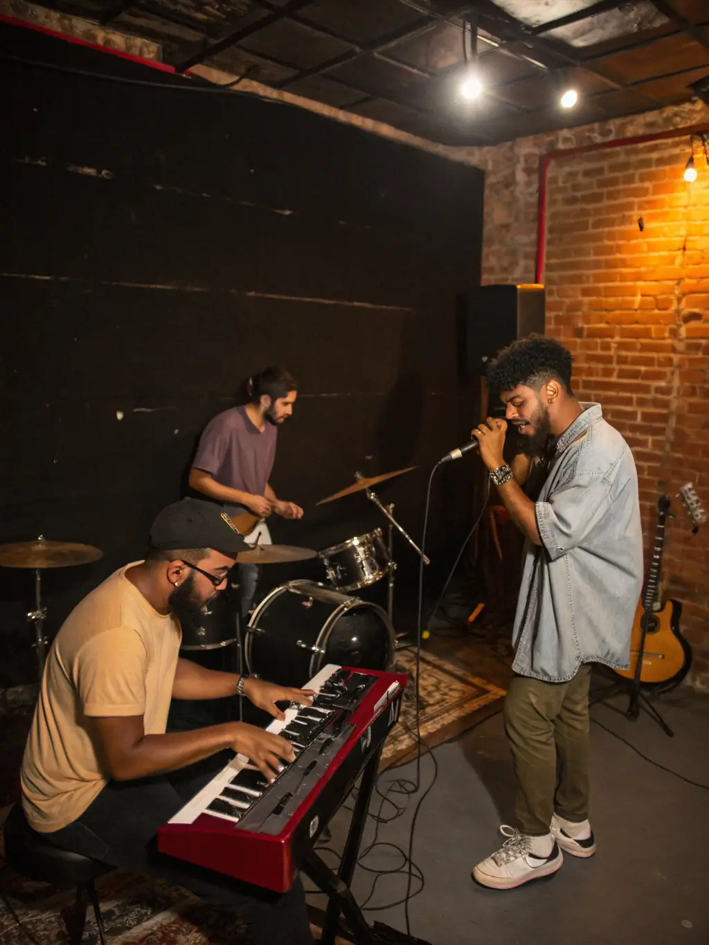 A diverse group of musicians collaborating and rehearsing, showcasing the teamwork and dedication that goes into QUATUOR 4444's performances and educational programs.