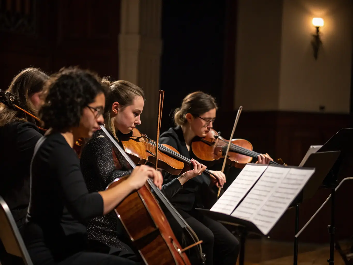 A professional photo of the QUATUOR 4444 ensemble performing on stage with an engaged audience in a beautifully lit concert hall, showcasing their Concert Performances.