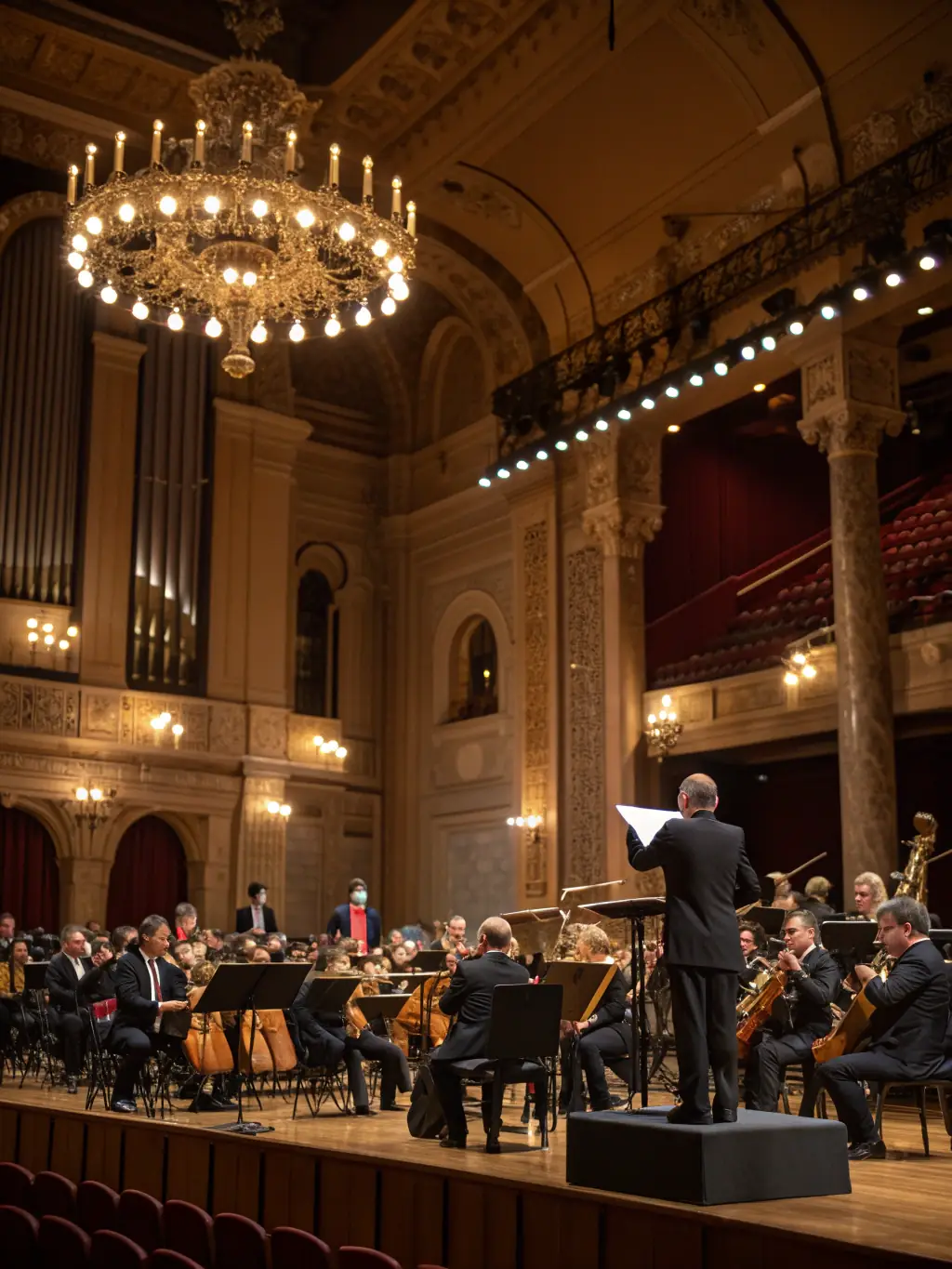 A professional photo of the QUATUOR 4444 ensemble performing on stage with an engaged audience in a beautifully lit concert hall, capturing the energy and passion of their performance.