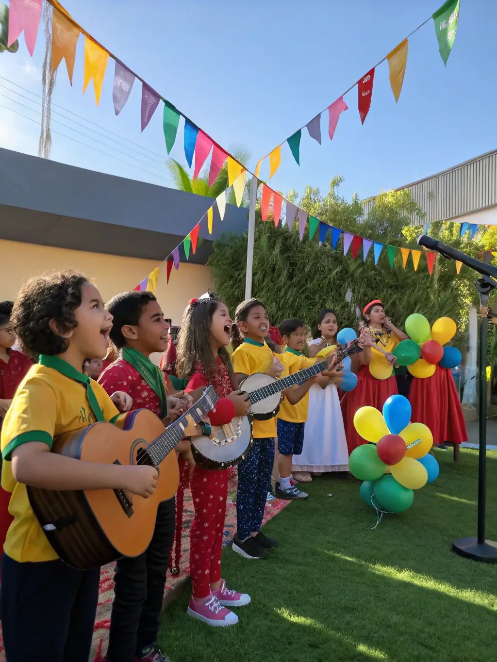 A vibrant scene of children and community members participating in a musical workshop outdoors, with instruments and smiling faces, showcasing the inclusive nature of QUATUOR 4444's outreach programs.
