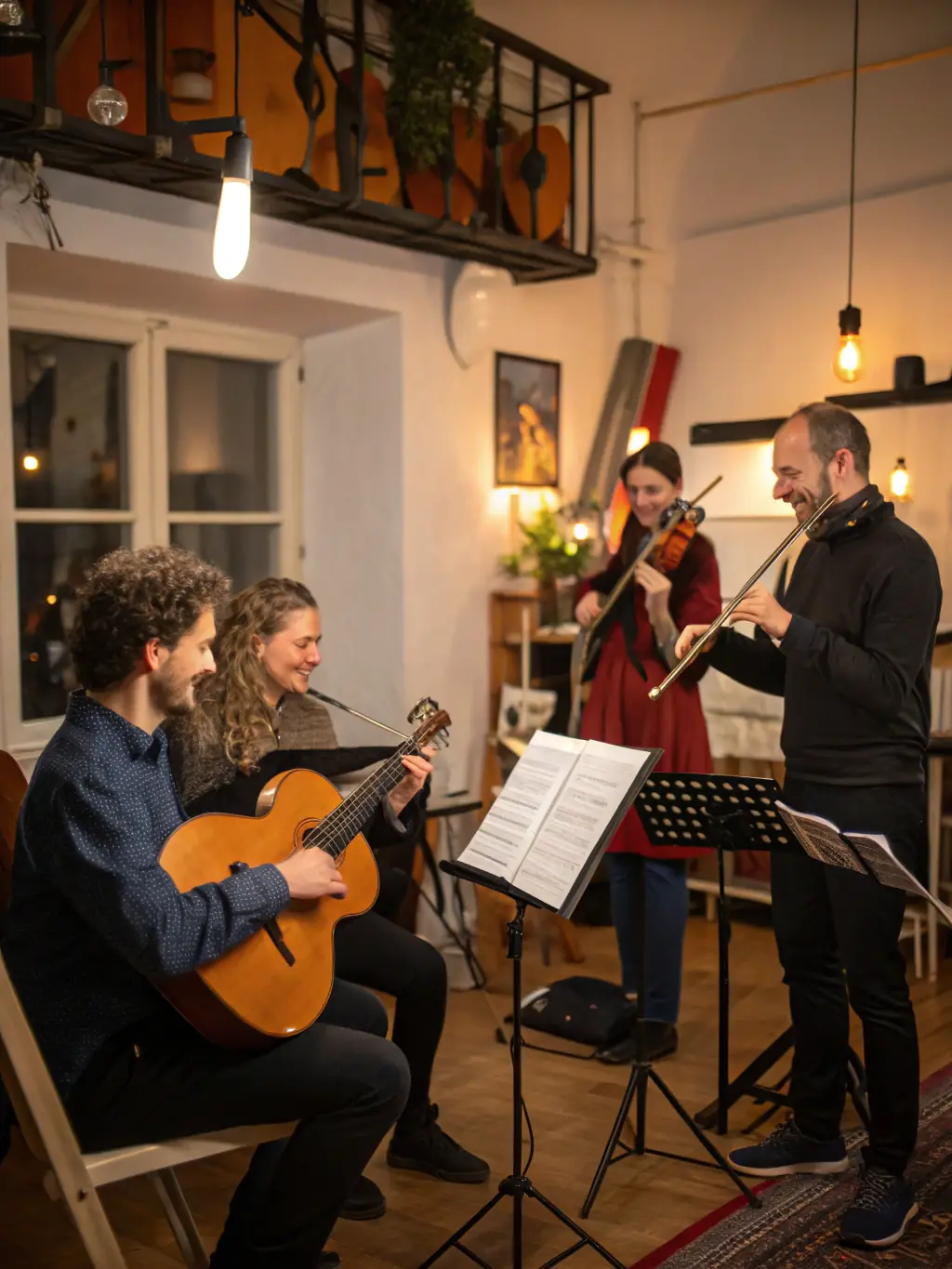 A photo of QUATUOR 4444 participating in a cultural exchange program, collaborating with international musicians and sharing their artistic expertise. The setting is a culturally rich environment.