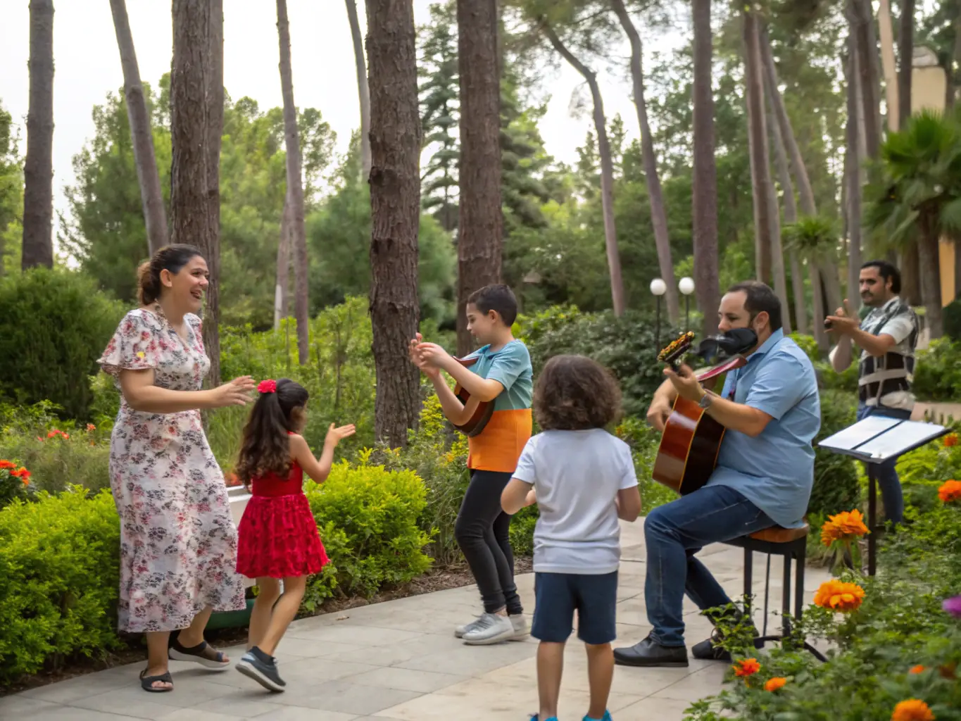 A vibrant scene of children and community members participating in a musical workshop outdoors, with instruments and smiling faces, representing the Community Outreach Programs.