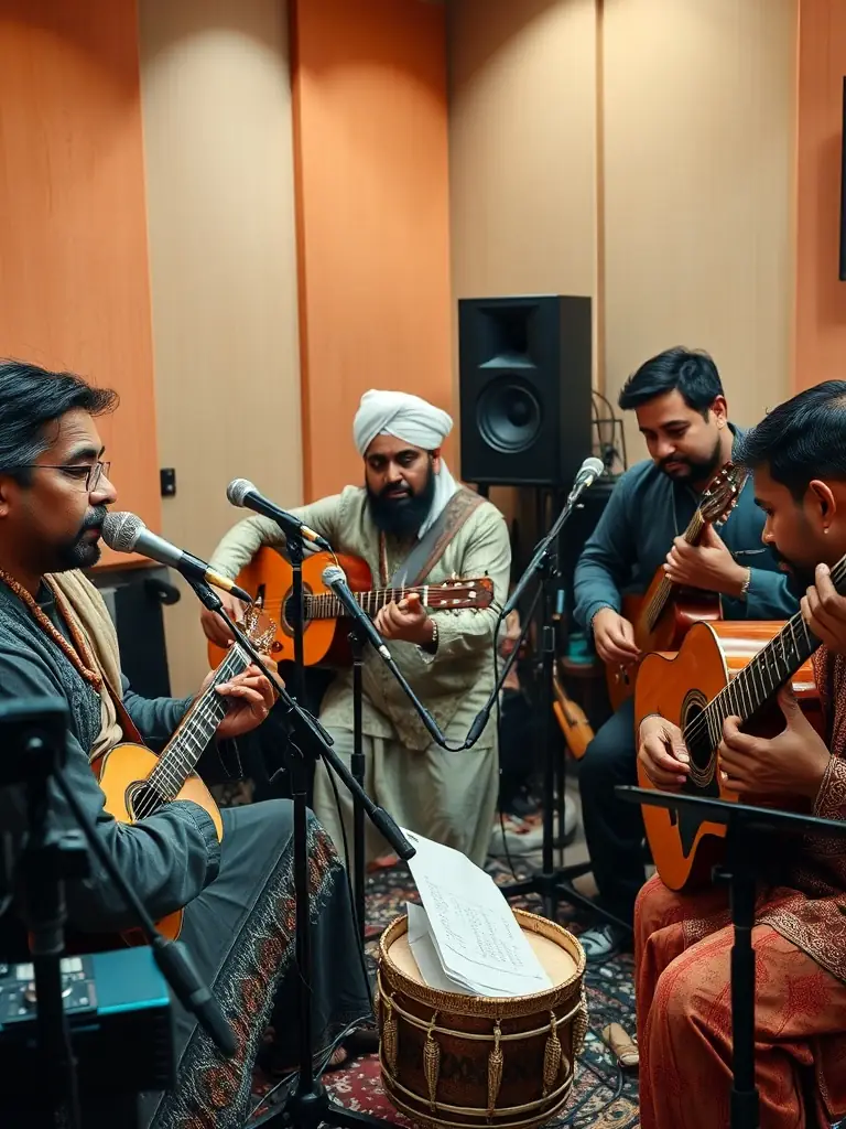A photo showing QUATUOR 4444 participating in a cultural exchange program, collaborating with musicians from another country. The setting is a concert hall during a joint performance.