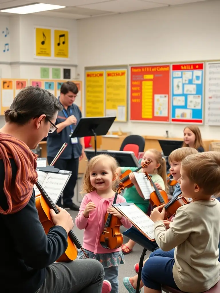 A vibrant image of QUATUOR 4444 interacting with students during a school intervention program, demonstrating their commitment to music education and community engagement. The setting is a school classroom.