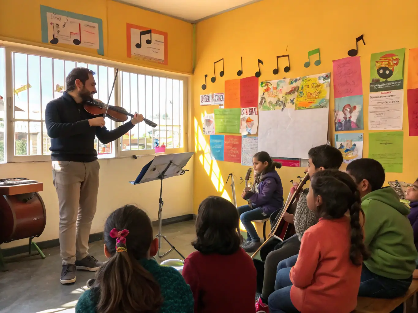 An image of a musician instructing a group of young students during a master class, with attentive participants and musical instruments, highlighting the Educational Master Classes.