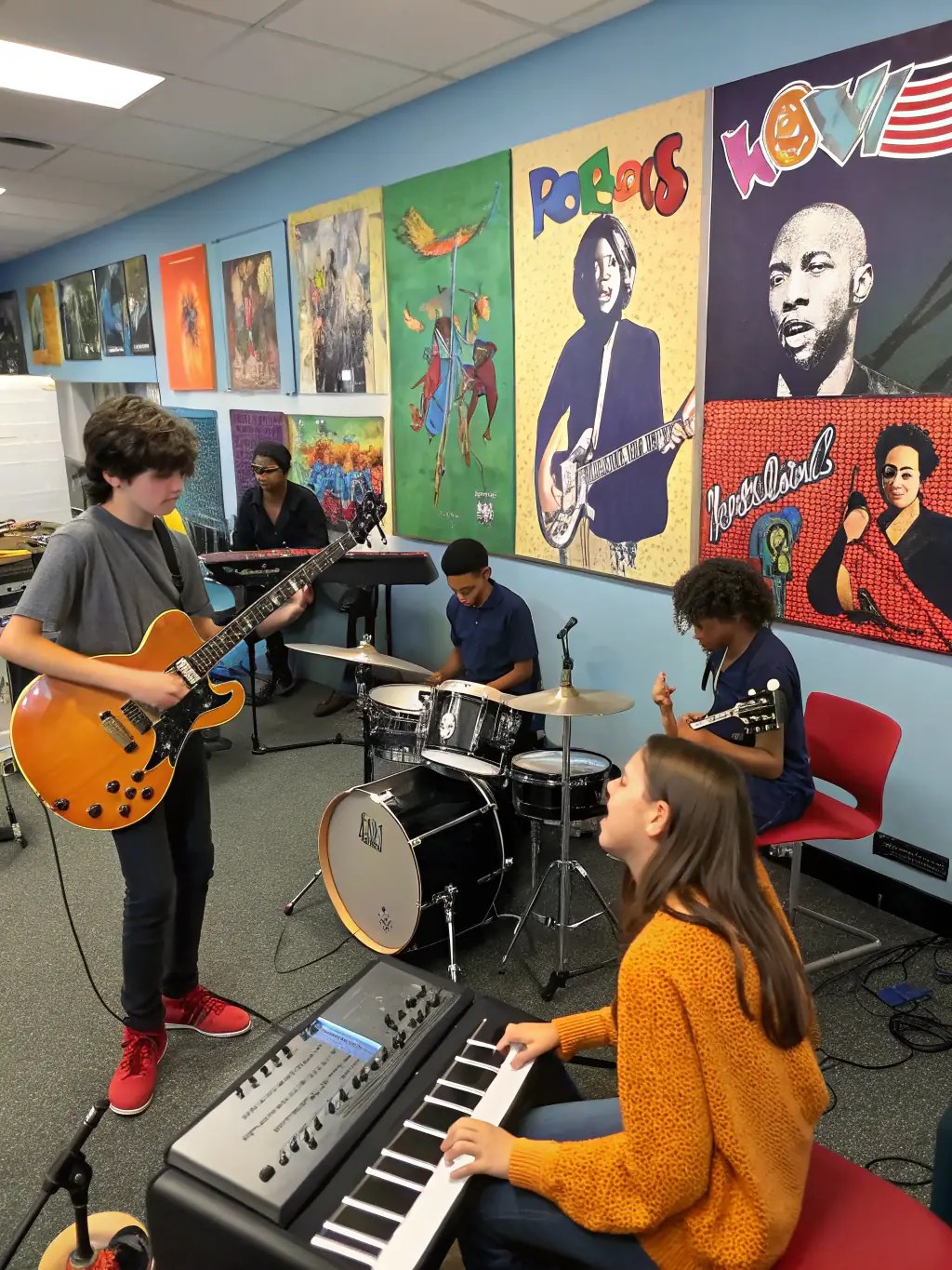 A vibrant image capturing QUATUOR 4444 members performing for a group of schoolchildren in a school auditorium. The children are attentively watching and engaging with the performance.